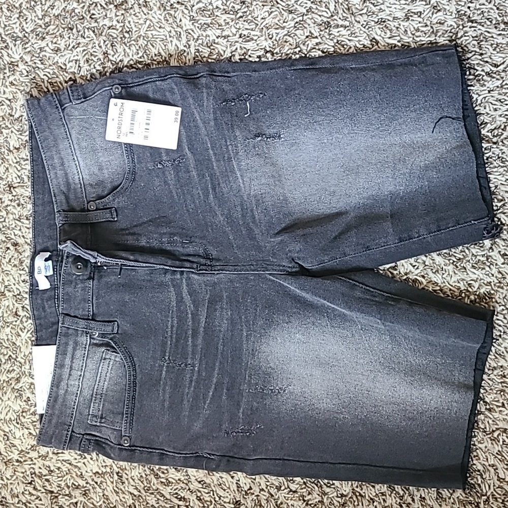 BP. Men's Slim Fit Raw Edge Denim Shorts in Black Distressed Wash